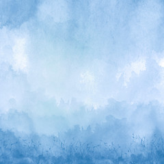 Watercolor blue background, blot, blob, splash of blue paint. Watercolor blue sky, spot, abstraction. Wild grass, bushes, country abstract landscape. Watercolor card, banner. 