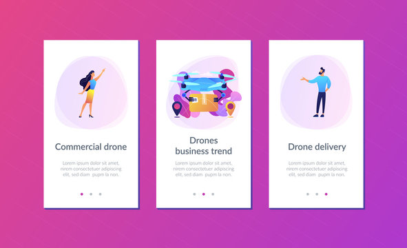 Drone transporting package to location pins with business people waiting for it. Drone delivery, commercial drone, drones business trend concept. Mobile UI UX GUI template, app interface wireframe