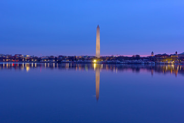 US capital panorama along Tidal Basin reservoir during cherry blossom at dawn. Easy recognizable Washington Monument with reflection in water stands tall on horizon.