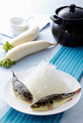 Delicious Chinese food, radish and puffer fish soup

