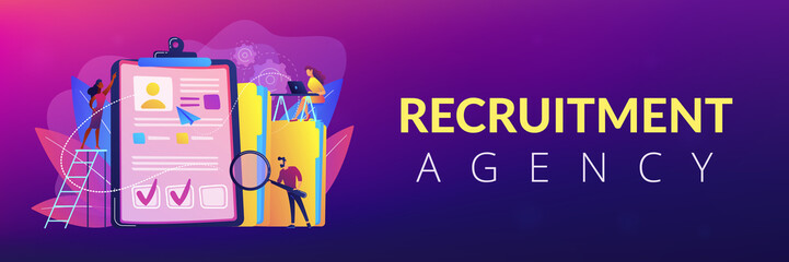 Recruiters and managers searching for candidate in huge CV for position. Recruitment agency, human resources service, recruitment network concept. Header or footer banner template with copy space.