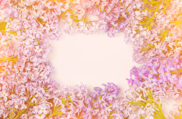 Frame of lilac flowers with space for text on white background. Flat lay, top view. Spring floral concept