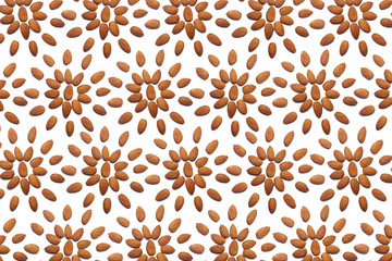 Pattern of Nuts - peeled almonds on a white background in the form of a circle. Concepts about decoration, healthy eating and food background.
