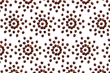 A collection of hazelnut nuts lie in the shape of a circle or sun on an isolated white background with a clipping path. Hazelnut pattern