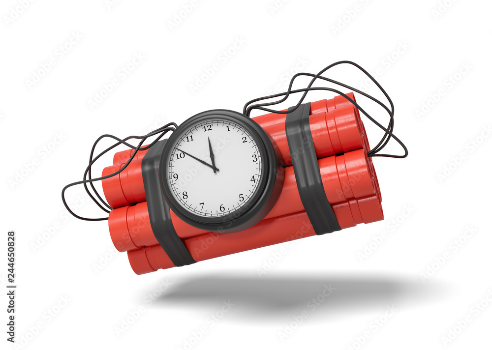Poster 3d rendering of a bundle of dynamite sticks with a clock attached to the side of it on a white backg