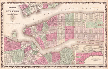 1862, Johnson Map of New York City and Brooklyn