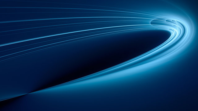 Abstract blue background element on black. Fractal graphics. Three-dimensional composition of glowing lines and mption blur traces. Movement and innovation concept.