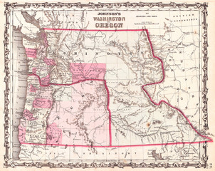 Fototapeta na wymiar 1862, Johnson Map of Washington and Oregon w-Idaho