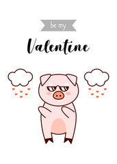 Valentine card, cool pig with heart clouds  vector illustration, isolated on white background