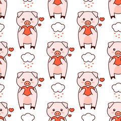 Pigs in love with hearts cartoon pattern, kawaii vector illustration,  isolated on white background