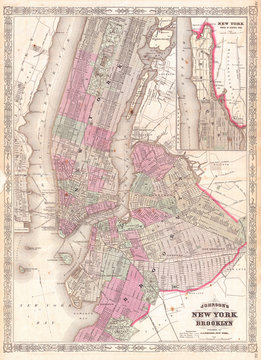 1866, Johnson Map Of New York City And Brooklyn