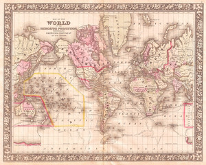Fototapeta na wymiar 1866, Mitchell Map of the World on Mercator Projection