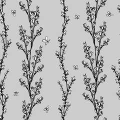 Vector seamless black and white pattern with wild herbs