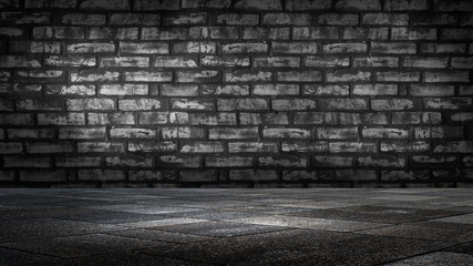 background of an empty white room, a cellar, lit by a searchlight. Brick white wall and concrete floor tiles.