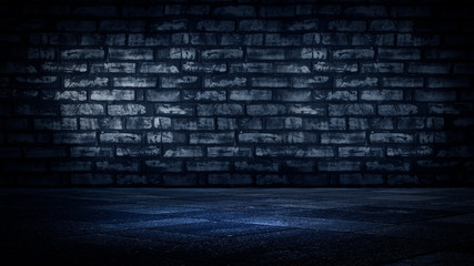 background of an empty white room, a cellar, lit by a searchlight. Brick white wall and concrete floor tiles.