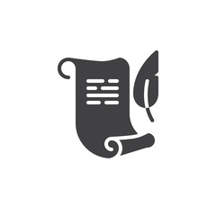 Paper scroll with feather pen vector icon. filled flat sign for mobile concept and web design. Ancient parchment paper and a quill simple solid icon. Symbol, logo illustration. Pixel perfect vector 
