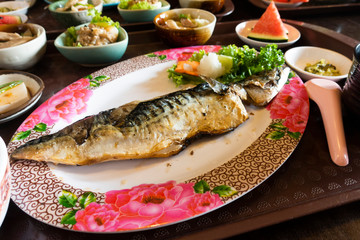 Japanese set meal, salt grilled saba fish