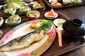 Japanese set meal, salt grilled saba fish