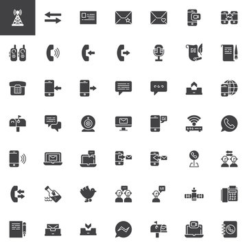 Communication elements vector icons set, modern solid symbol collection, filled style pictogram pack. Signs, logo illustration. Set includes icons as Antenna, email, phone call, telephone, smartphone