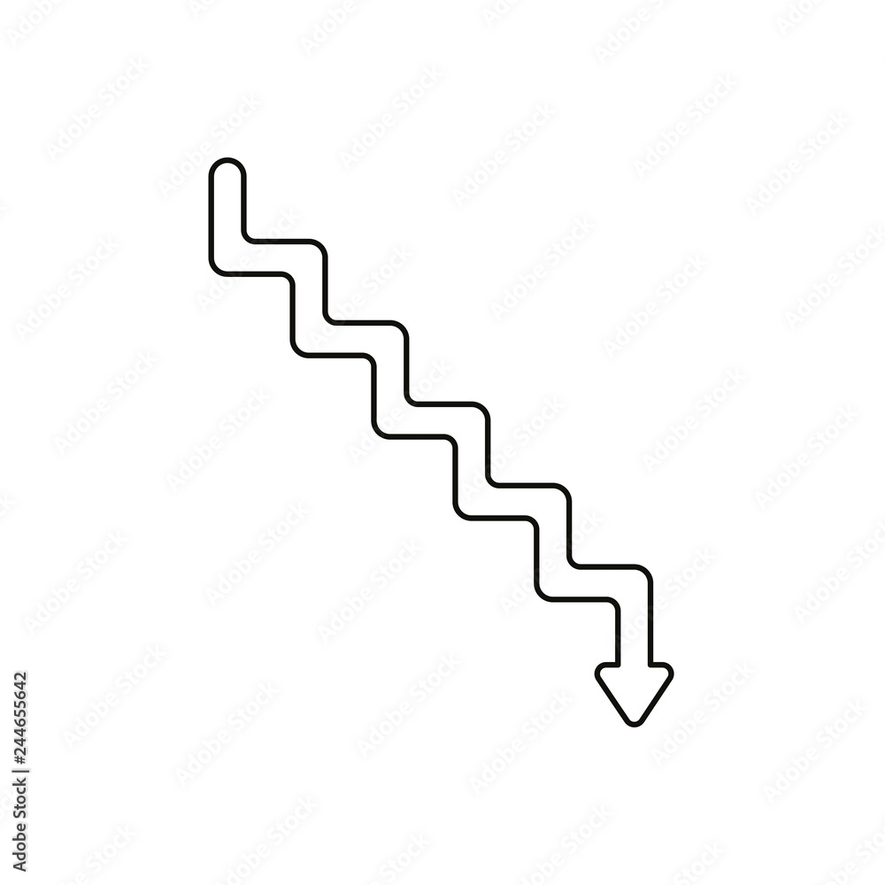 Poster flat design style vector concept of line stairs symbol icon with arrow pointing down on white. black