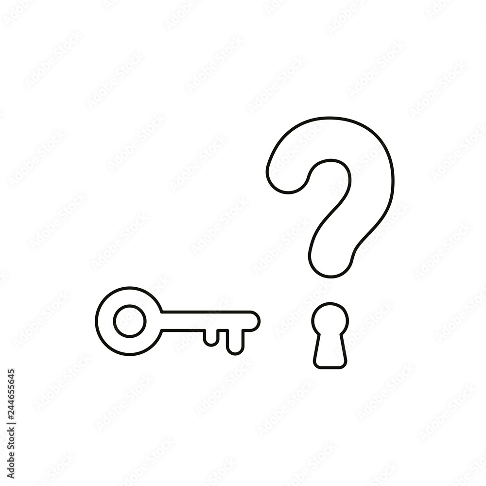 Poster flat design style vector concept of question mark with key and keyhole icon on white. black outlines