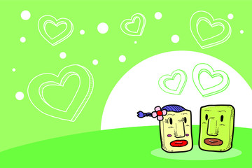 Hand drawn cartoon character head stone love concept