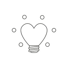 Flat design style vector concept of glowing heart-shaped light bulb icon on white. Black outlines.