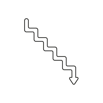Flat design style vector concept of line stairs symbol icon with arrow pointing down on white. Black outlines.