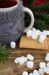 Cup of tea or coffee in a coffee cup cozy, branch of fir tree, marshmallows, old books.
