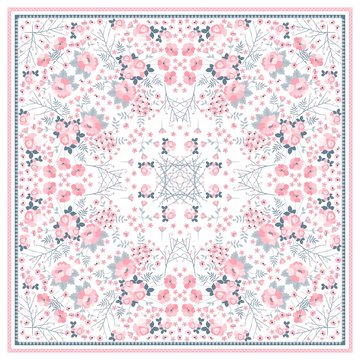 Beautiful square pattern for shawl with tender pink flowers on white background. Vector illustration.