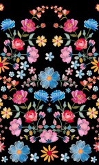 Embroidery seamless pattern. Beautiful summer flowers and leaves on black background. Multicolor embroidered print. Fashion design.