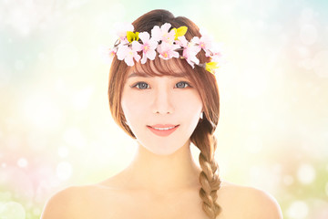 Obraz na płótnie Canvas closeup young beauty face with spring background