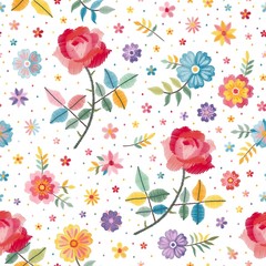 Embroidery seamless pattern with beautiful bright flowers on white background. Fashion design. Vector embroidered illustration.