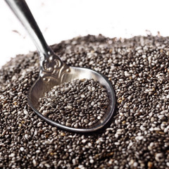 Raw Chia seeds in spoon closeup on white background