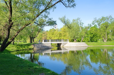 Fototapeta na wymiar Bridge over the pond at Novodevichy convent on a Sunny spring day, Moscow, Russia