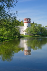 Naprudnom tower of the Novodevichy convent in spring Sunny day. Moscow, Russia