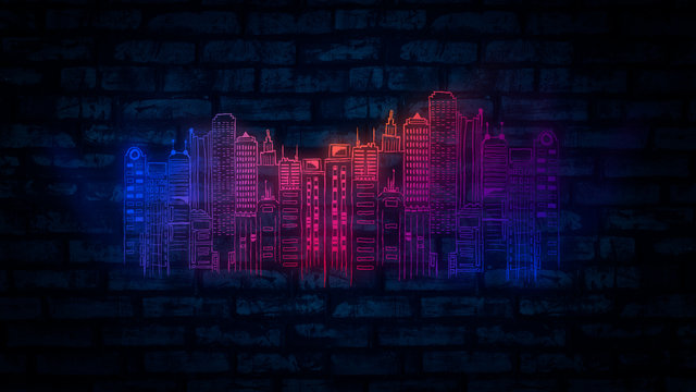 Brick wall, background, neon light - Powered by Adobe