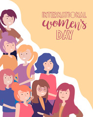 Fototapeta na wymiar International women's day. Illustration with different girls. Editable vector illustration