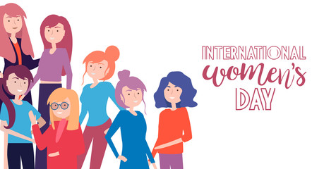 Obraz na płótnie Canvas International women's day. Illustration with different girls. Editable vector illustration