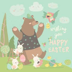 Cute bear and happy rabbits celebrating Easter