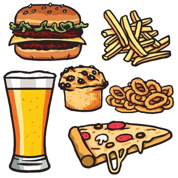 Fast Food, Junk Food Products Set. Isolated on White Background. Vector Drawing Image
