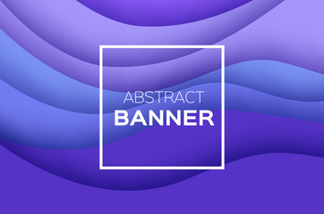 Violet Paper Cut Wave Shapes Banner. Origami layered curve design for business presentations, flyers, posters. Gorizontal 3D abstract map carving. Text. Square Frame.