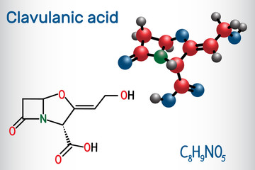 Clavulanic acid β-lactam drug molecule. Structural chemical formula and molecule model