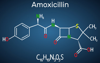 Fototapeta premium Amoxicillin drug molecule. It is beta-lactam antibiotic. Structural chemical formula on the dark blue background