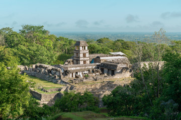 Fototapeta na wymiar Palenque Mayan Ruins site at Sunrise in Mexico