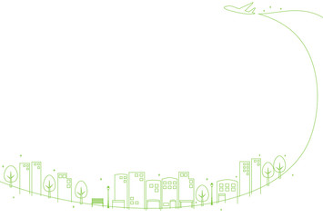 輝く都市の町並み　飛行機雲