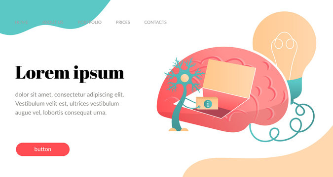 Neurons transmit information to the brain. Vector flat illustration. Website template, landing page, article.