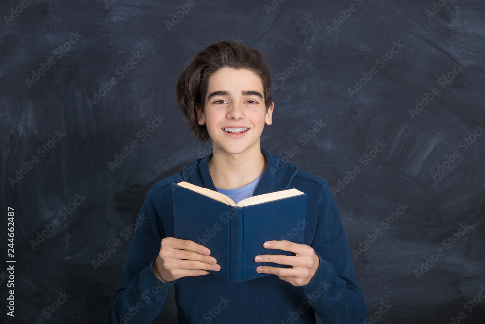 Wall mural student portrait with books and background