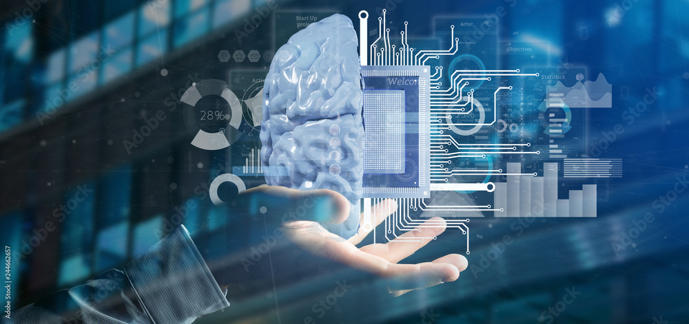 Poster business man holding artificial intelligence icon with half brain and half circuit 3d rendering