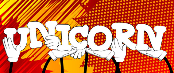 Diverse hands holding letters of the alphabet created the word Unicorn. Vector illustration.